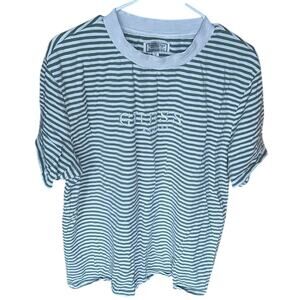 Vintage Guess Originals White & Green Striped Tee with Embroidered Logo – Size M